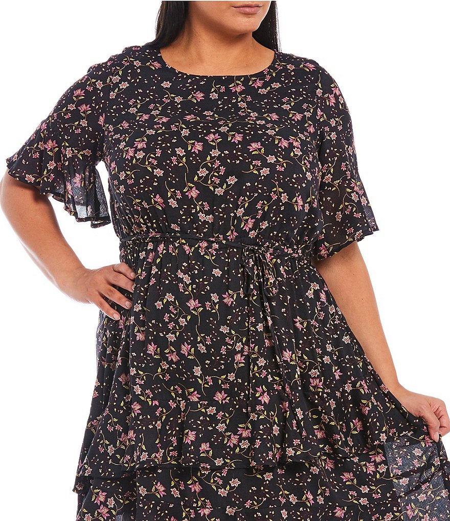 Jessica Simpson Plus Size Prickly Bloom Print Tie Waist Detail Ruffle Trim Dress