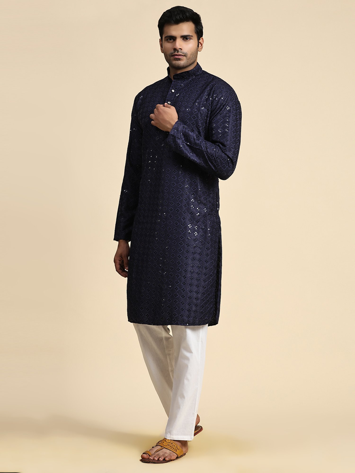 Pro-Ethic Style Developer Navy & White Regular Fit Embroidered Kurta & Pyjamas Set