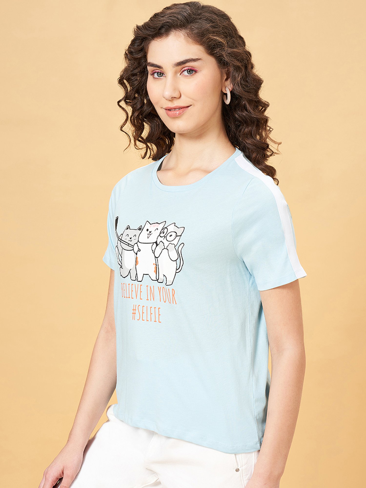 People by Pantaloons Sky Blue Cotton Printed T-Shirt