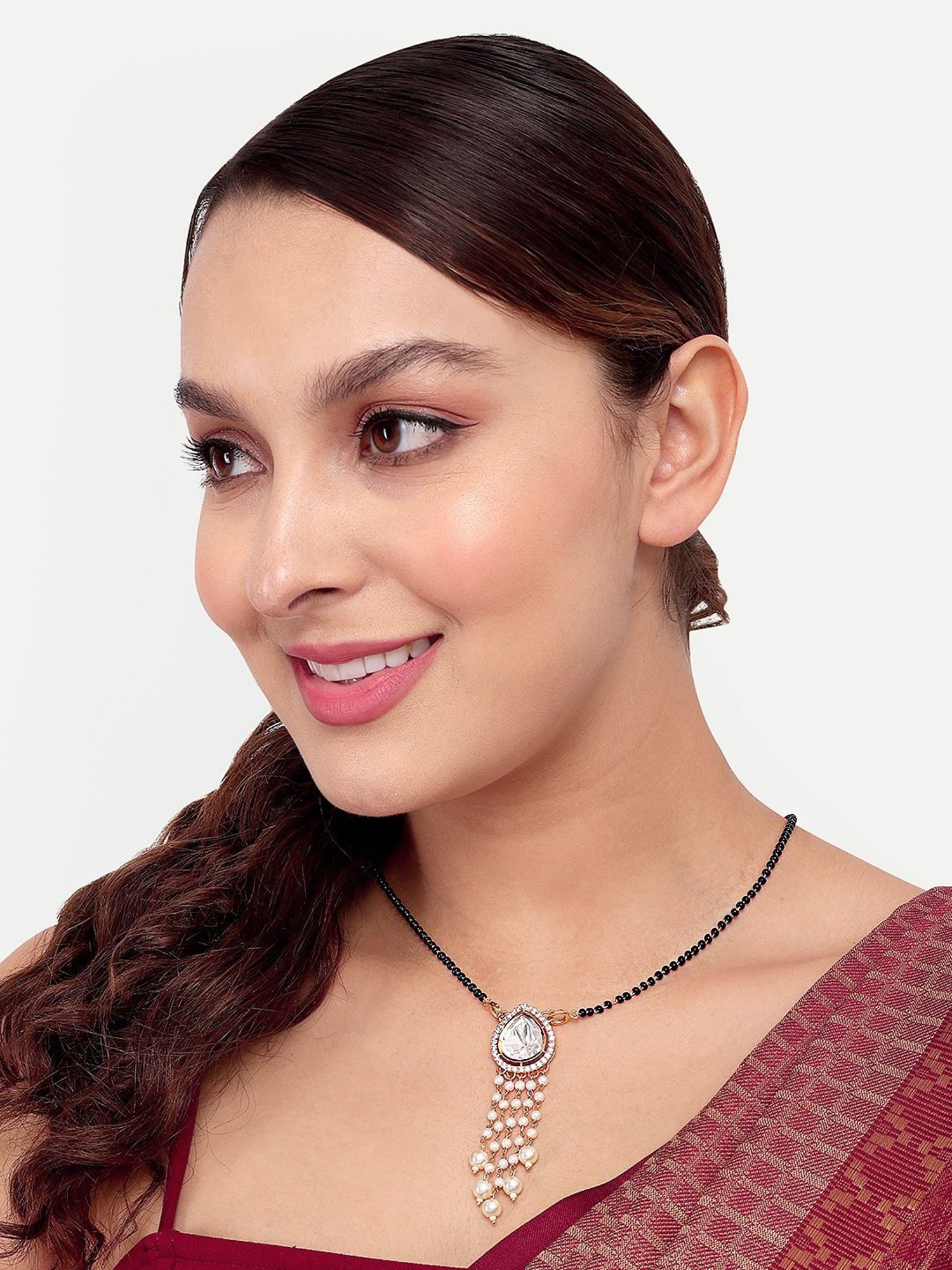 Abdesigns Gold-Plated American Diamond & Black Beaded Mangalsutra