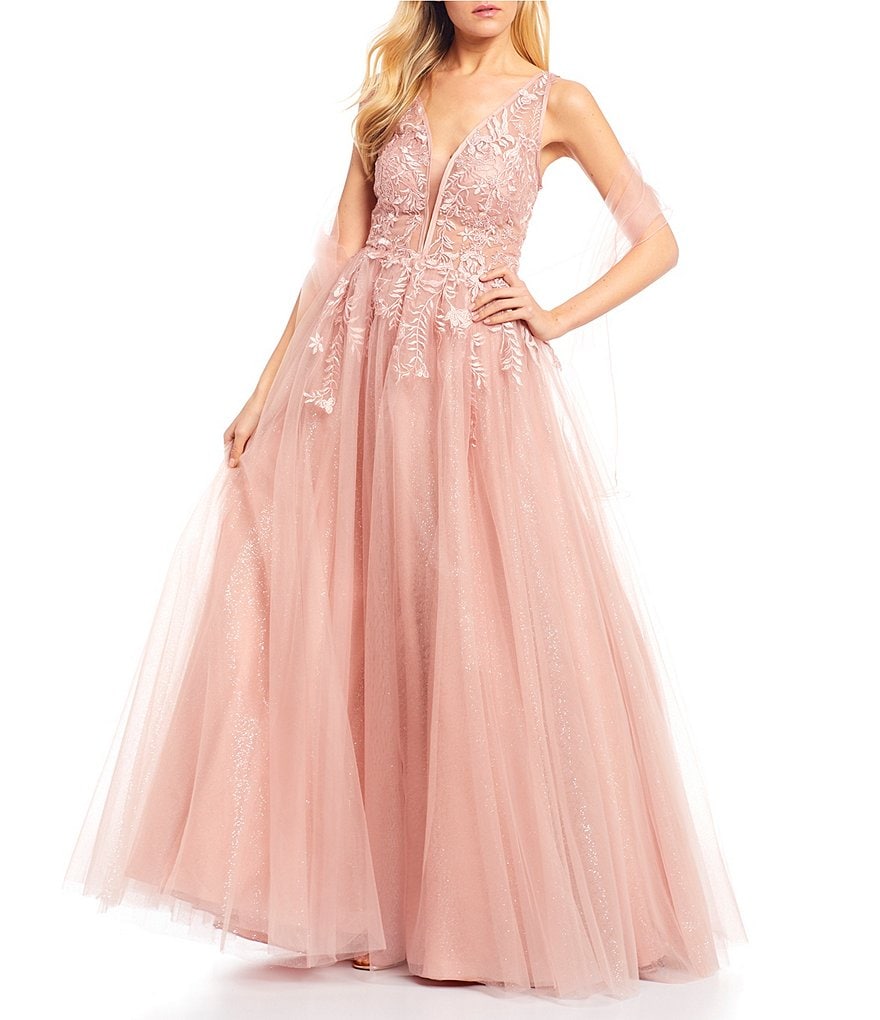 Coya Collection Sleeveless Plunging V-Neck Embroidered Lace Tulle Ball Gown