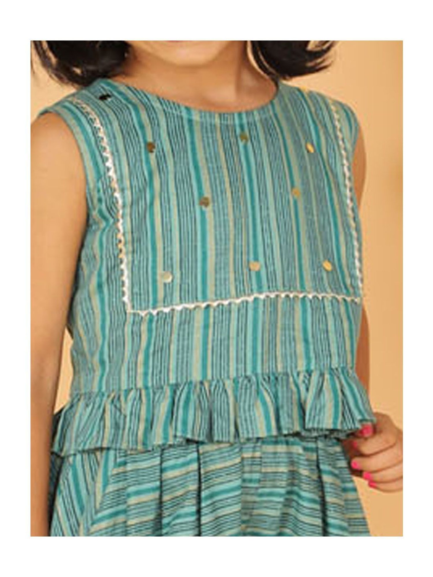 Lil Drama Kids Green Striped Top with Dhoti