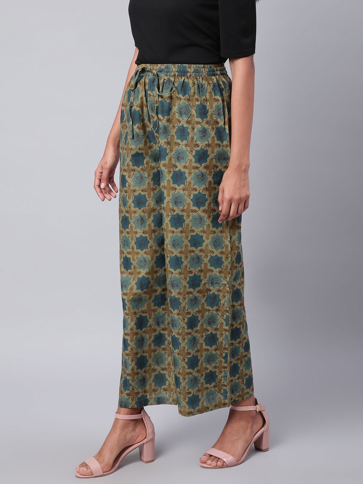 Sringam Green Cotton Printed Palazzos