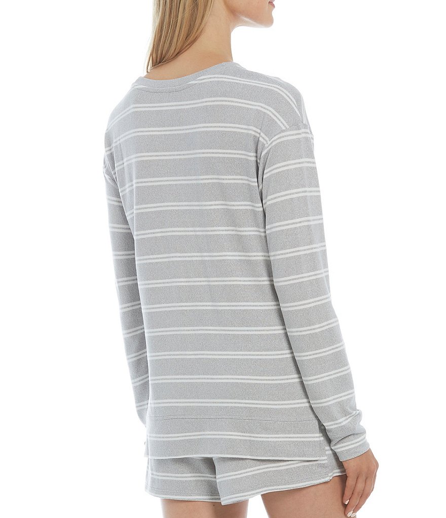 Jasmine & Ginger Striped Print Brushed Knit Crew Neck Long Sleeve Coordinating Sleep Top