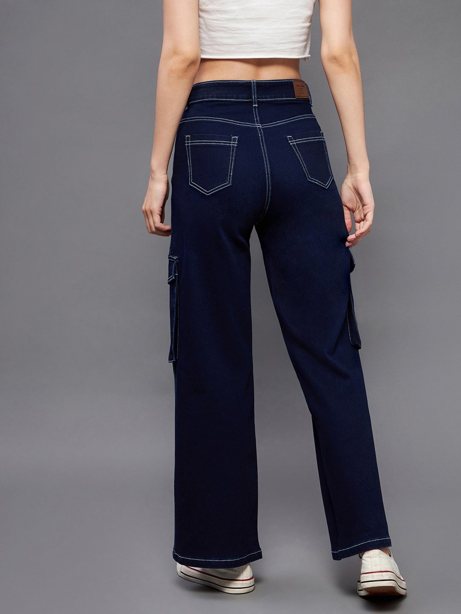Miss Chase Dark Blue Denim Relaxed Fit High Rise Cargo Jeans