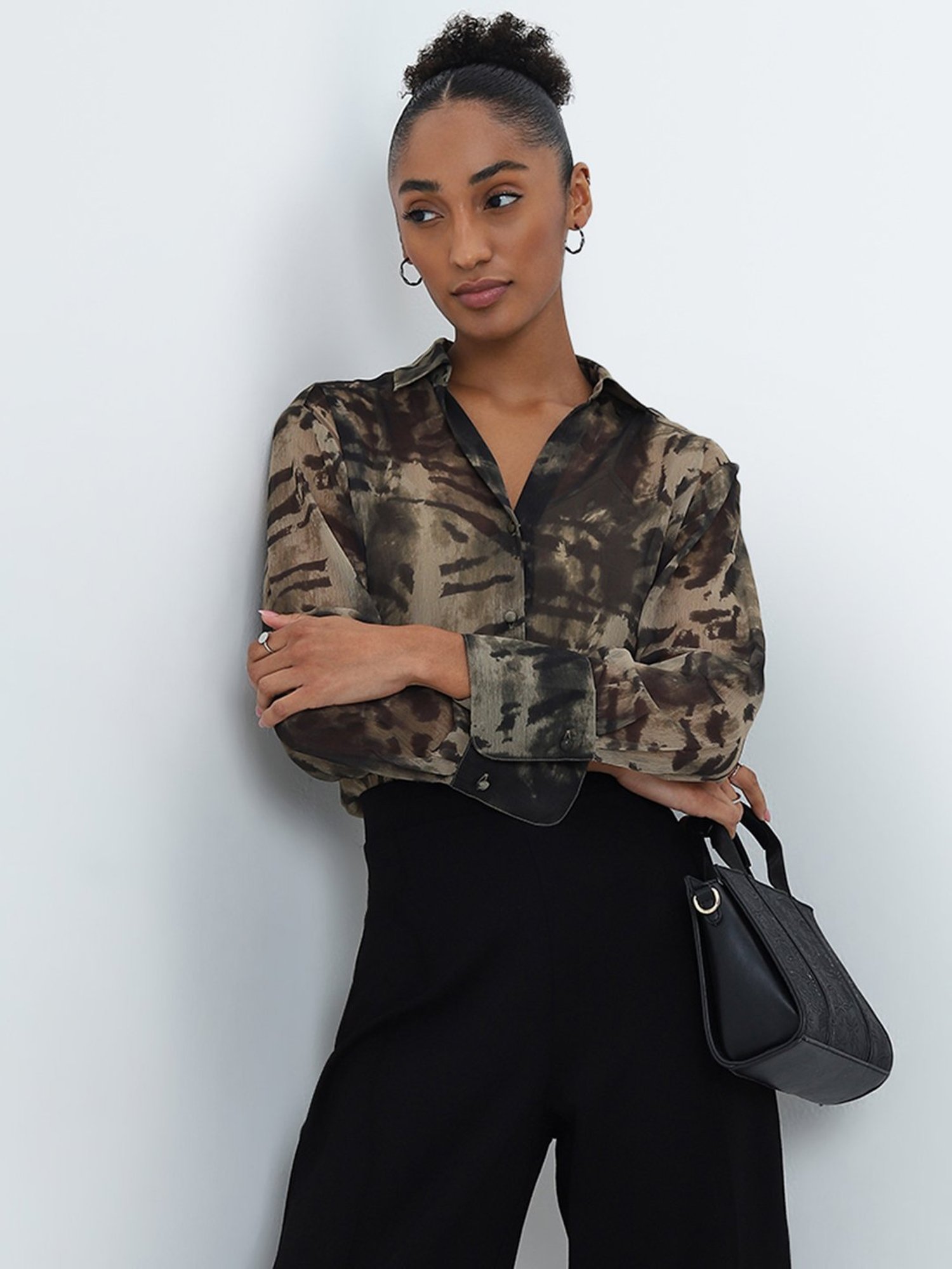 Wardrobe by Westside Olive Abstract Printed Shirt with Camisole