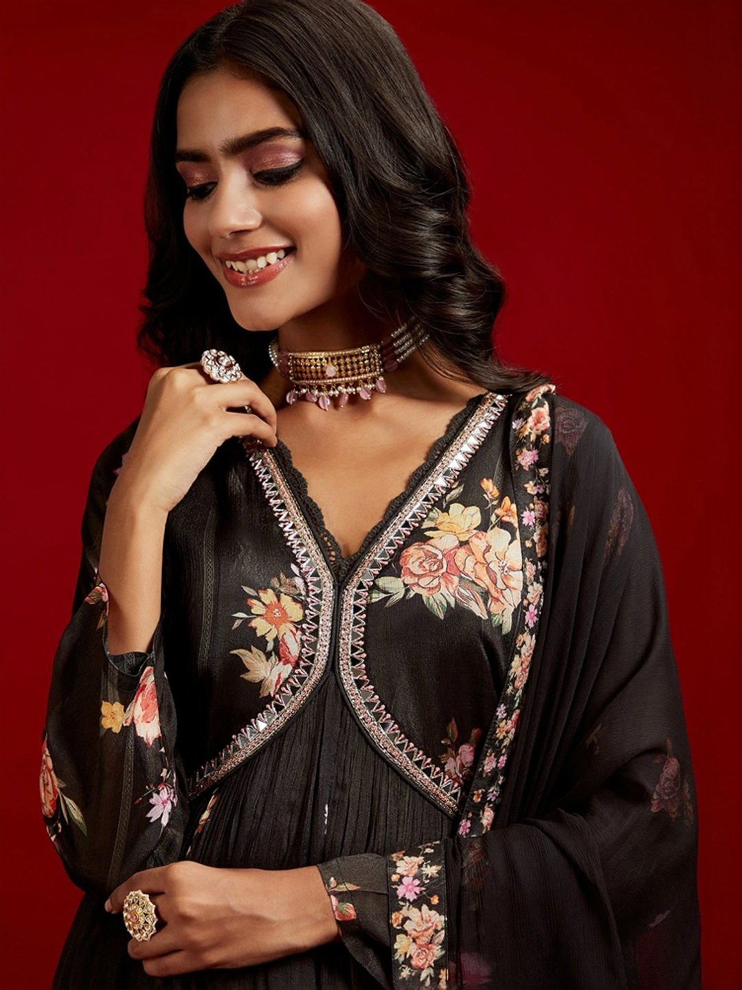 Libas Art Black Floral Print Kurta Pant Set With Dupatta