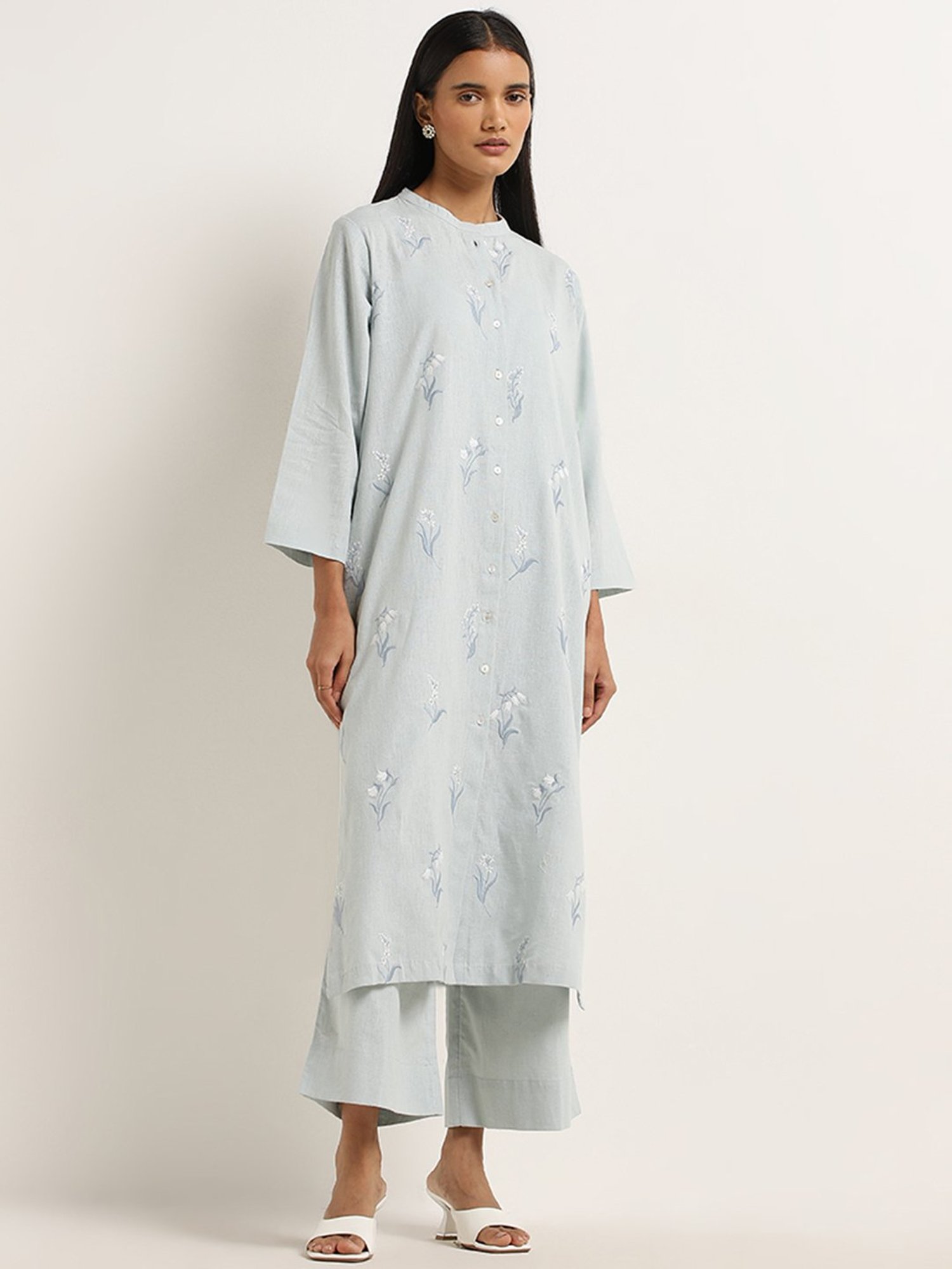 Zuba by Westside Light Blue Floral Embroidered A-Line Cotton Kurta