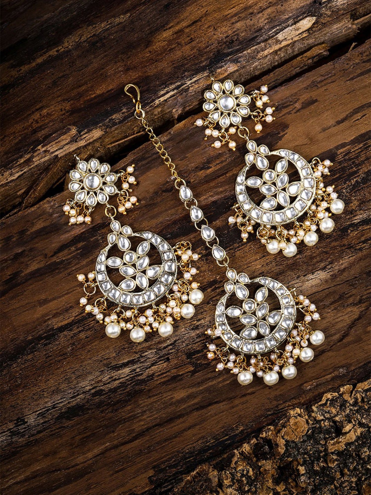 Zaveri Pearls Clear & White Alloy Earring & Maang Tikka Set