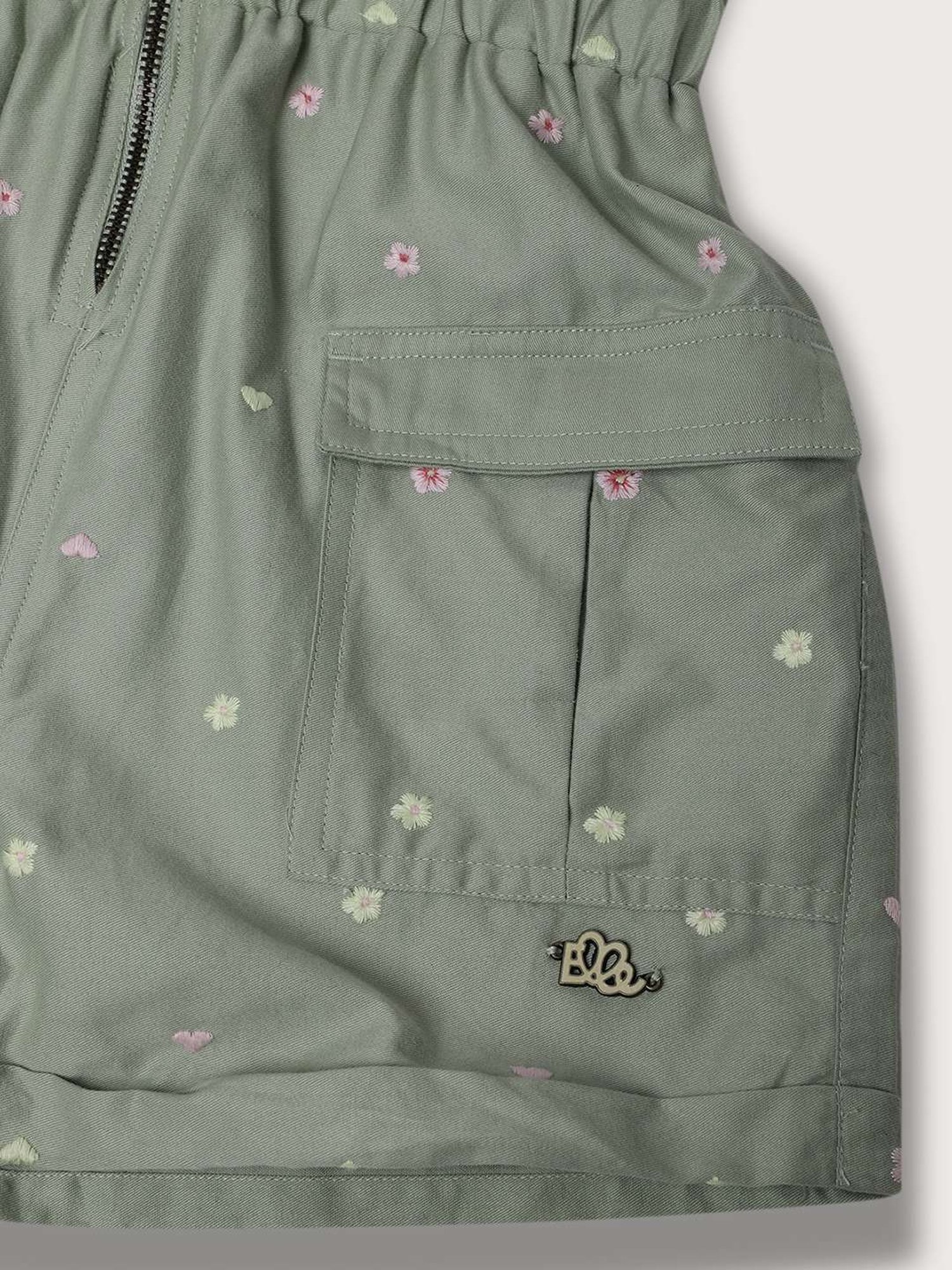Elle Kids Olive Cotton Embroidered Jumpsuit