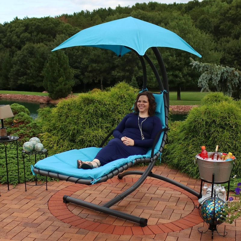 Sunnydaze Outdoor Hanging Chaise Floating Lounge Chair with Canopy Umbrella and Stand, Teal, 2pk