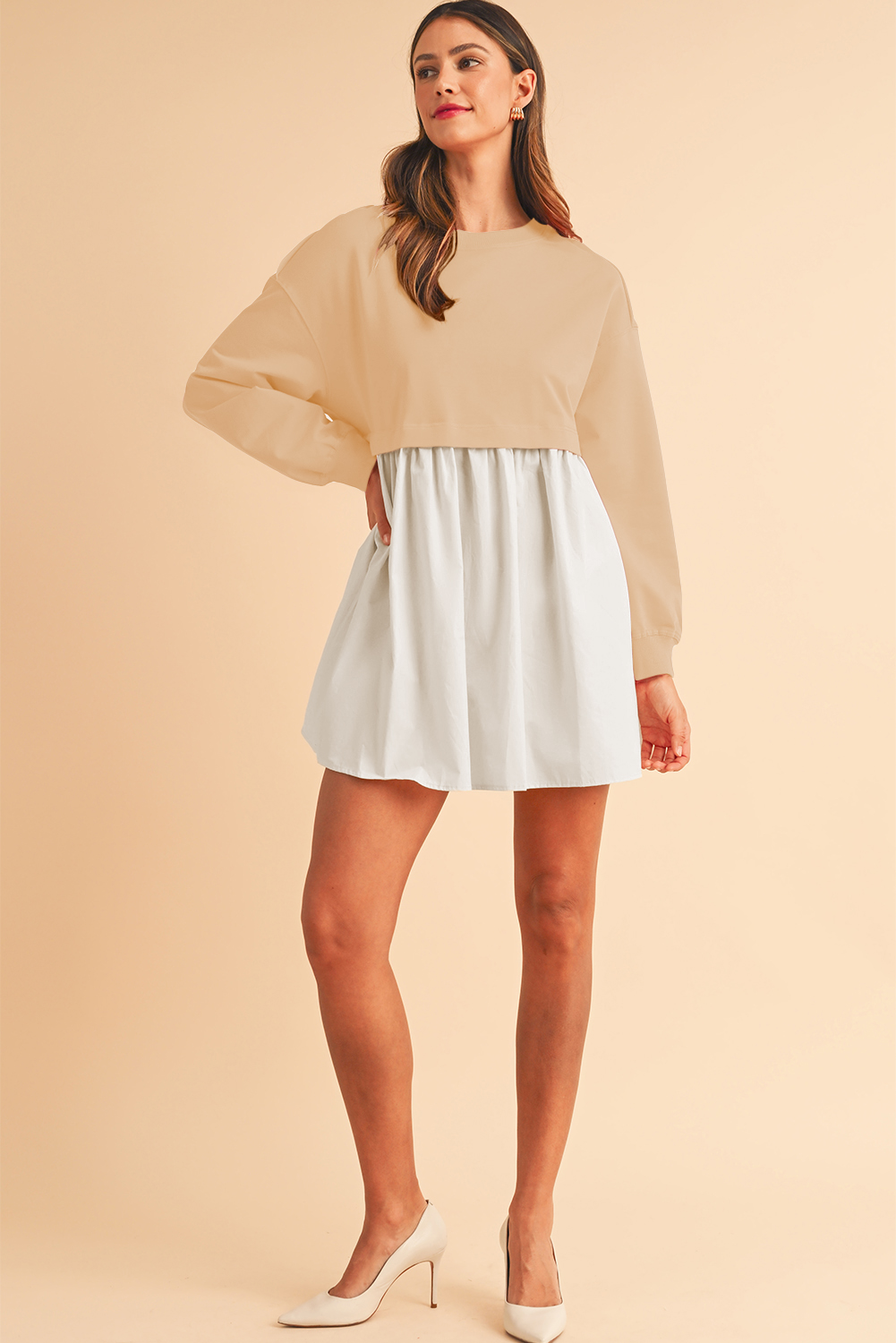 Khaki Sweatshirt Colorblock Flowy Pleated Mini Dress