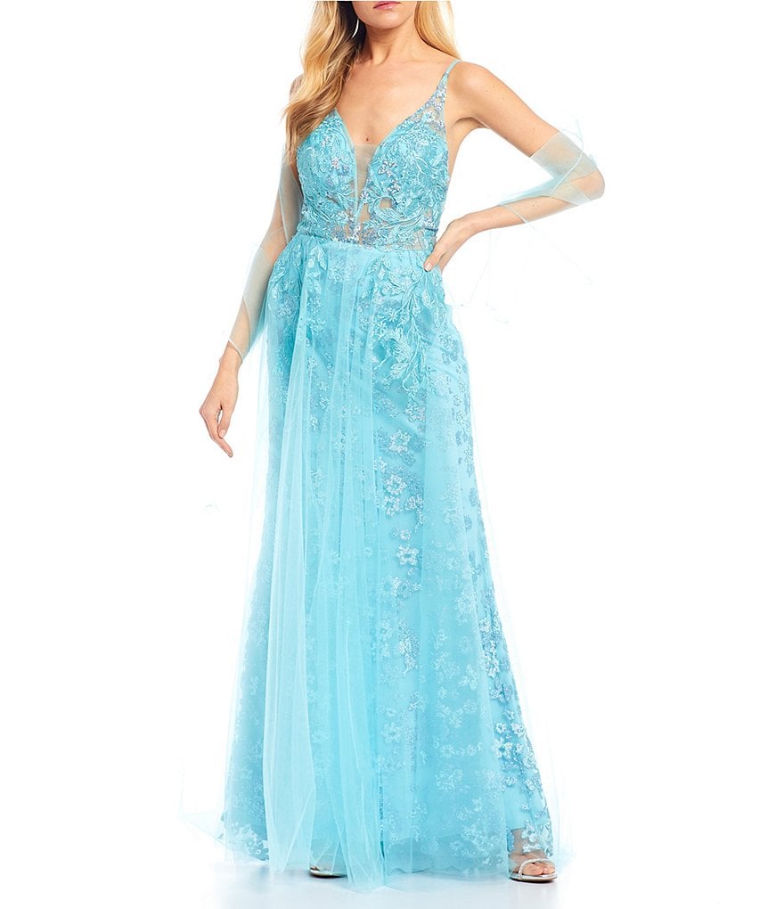 Coya Collection Spaghetti Strap Plunging V-Neck Beaded Embellished Mesh Dress