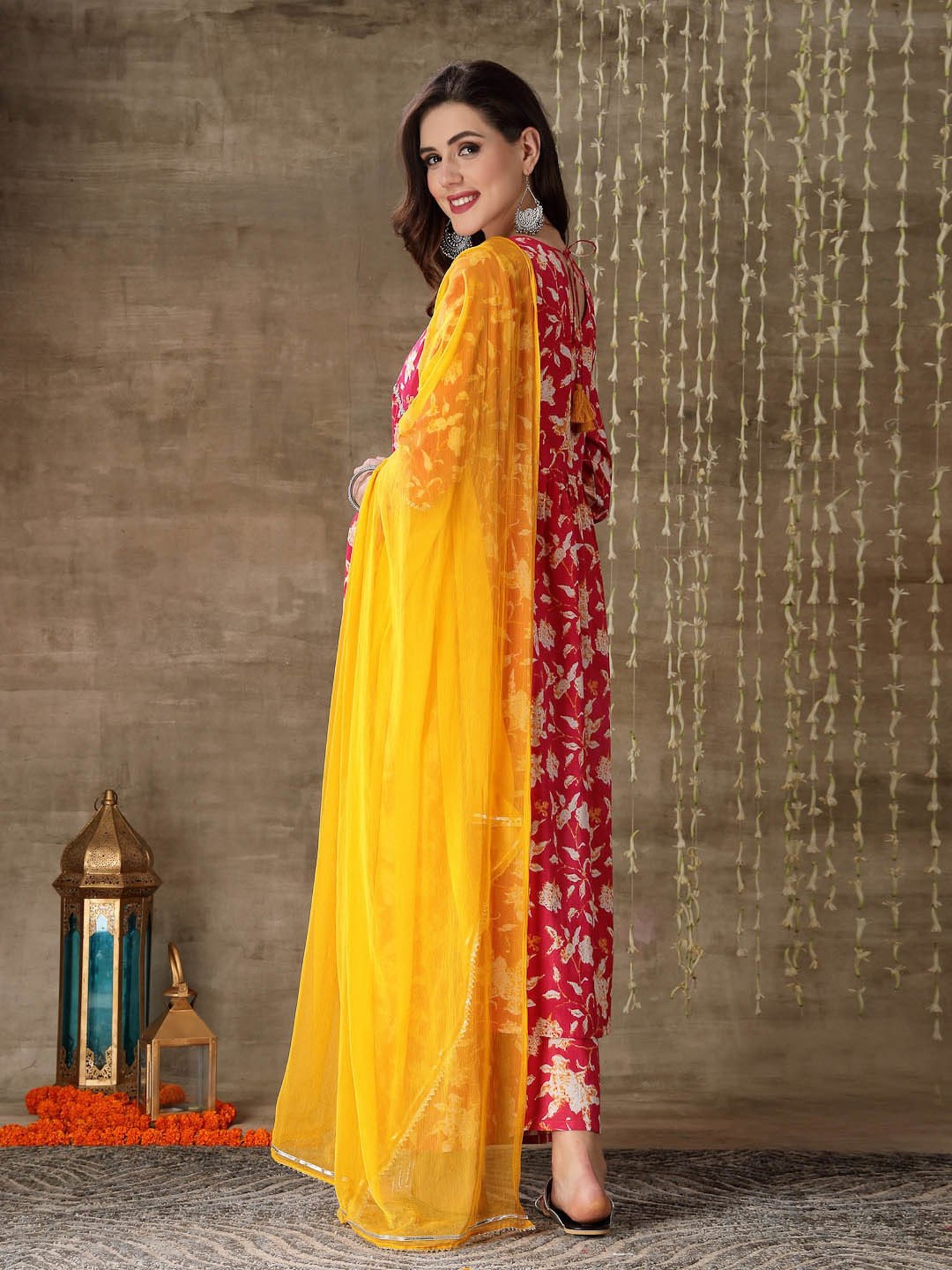 Stylum Pink Cotton Floral Print Kurta With Palazzo & Dupatta