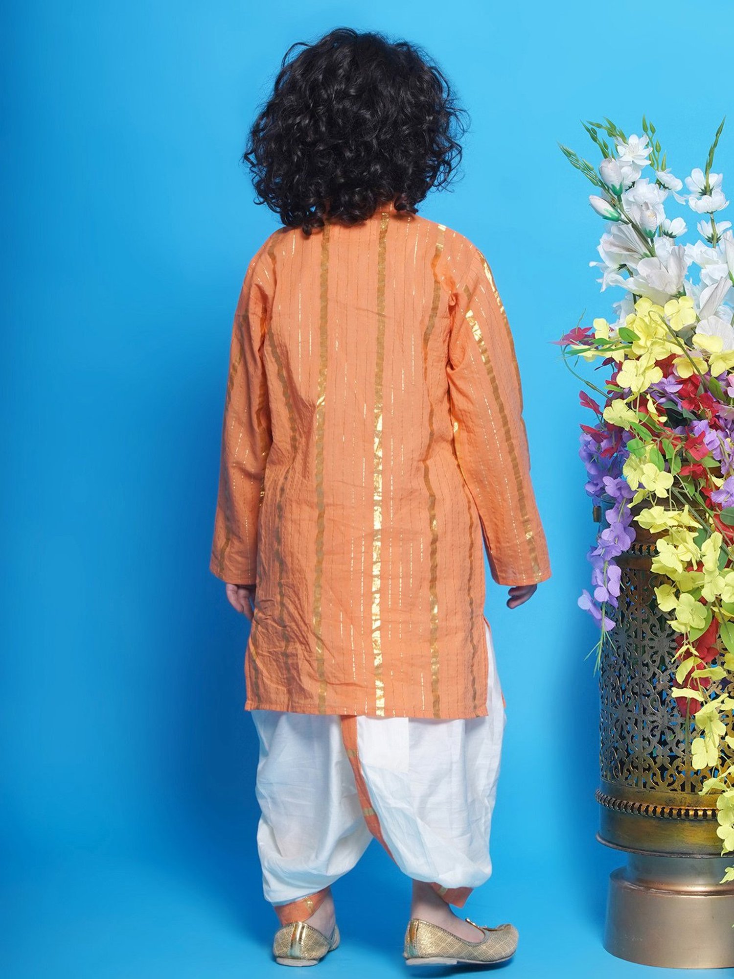 Little Bansi Kids Orange & White Self Design Full Sleeves Kurta with Dhoti