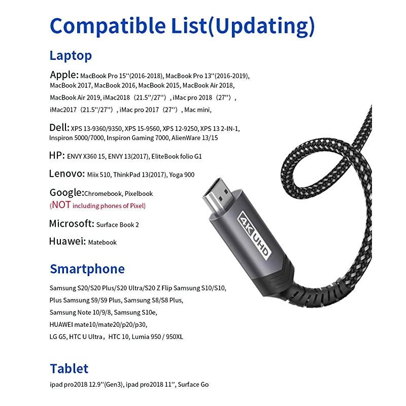 USB C to HDMI Cable10ft  4K 60HZType C to HDMI CordThunderBolt 3 Compatible for MacBook Pro 2018 2017 Air iPad Pro Samsung Galaxy S20 Ultra Note 10 S10 Plus Dell XPS 13 Surface BookGrey