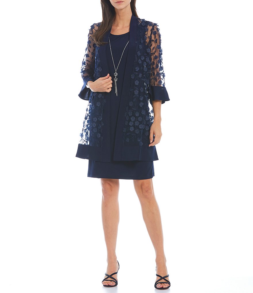 R & M Richards Petite Size Jersey Knit 3D Flowers Round Neck 3/4 Sleeve 2-Piece Jacket Dress