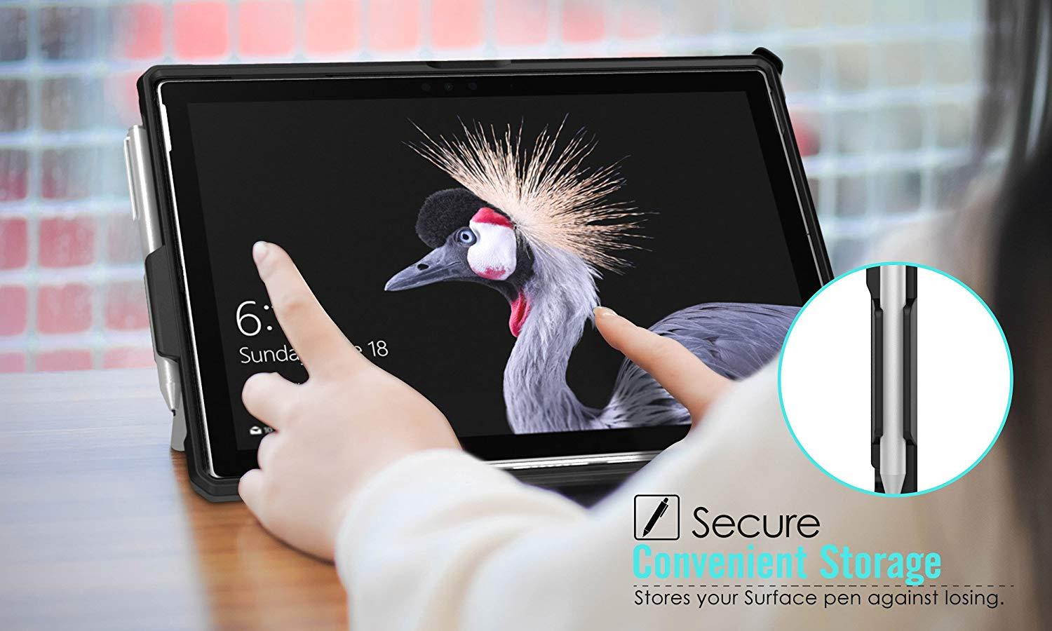 MoKo Microsoft Surface Pro 6 / Pro 5 / Pro 2017 / Pro 4 / Pro LTE Case, All-in-One Protective Rugged Cover Case w/Pen Holder and Hand Strap, Compatible with Type Cover Keyboard - Black