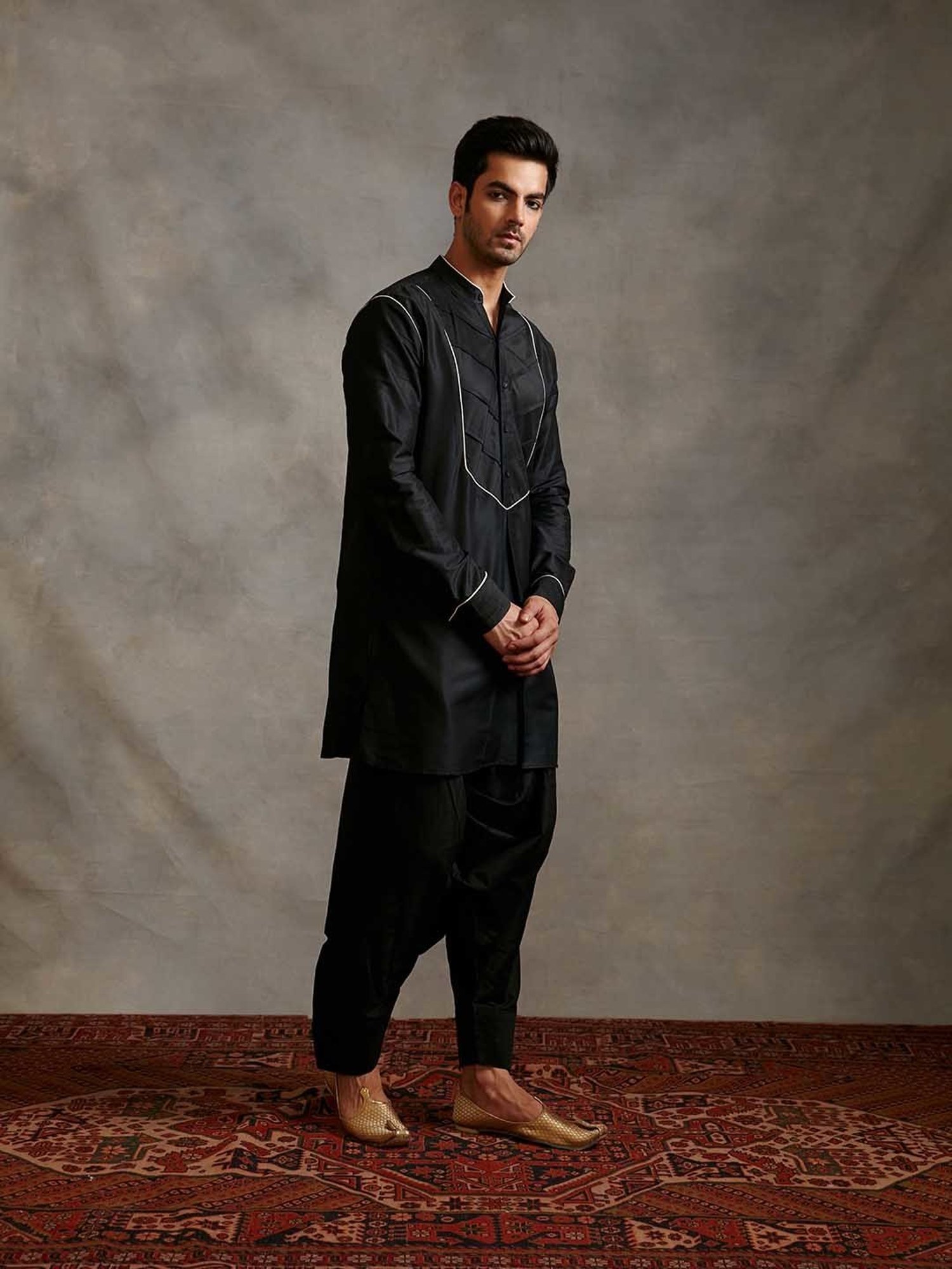 Abhishti Black Regular Fit Banarasi Kurta & Afghani Pants Set