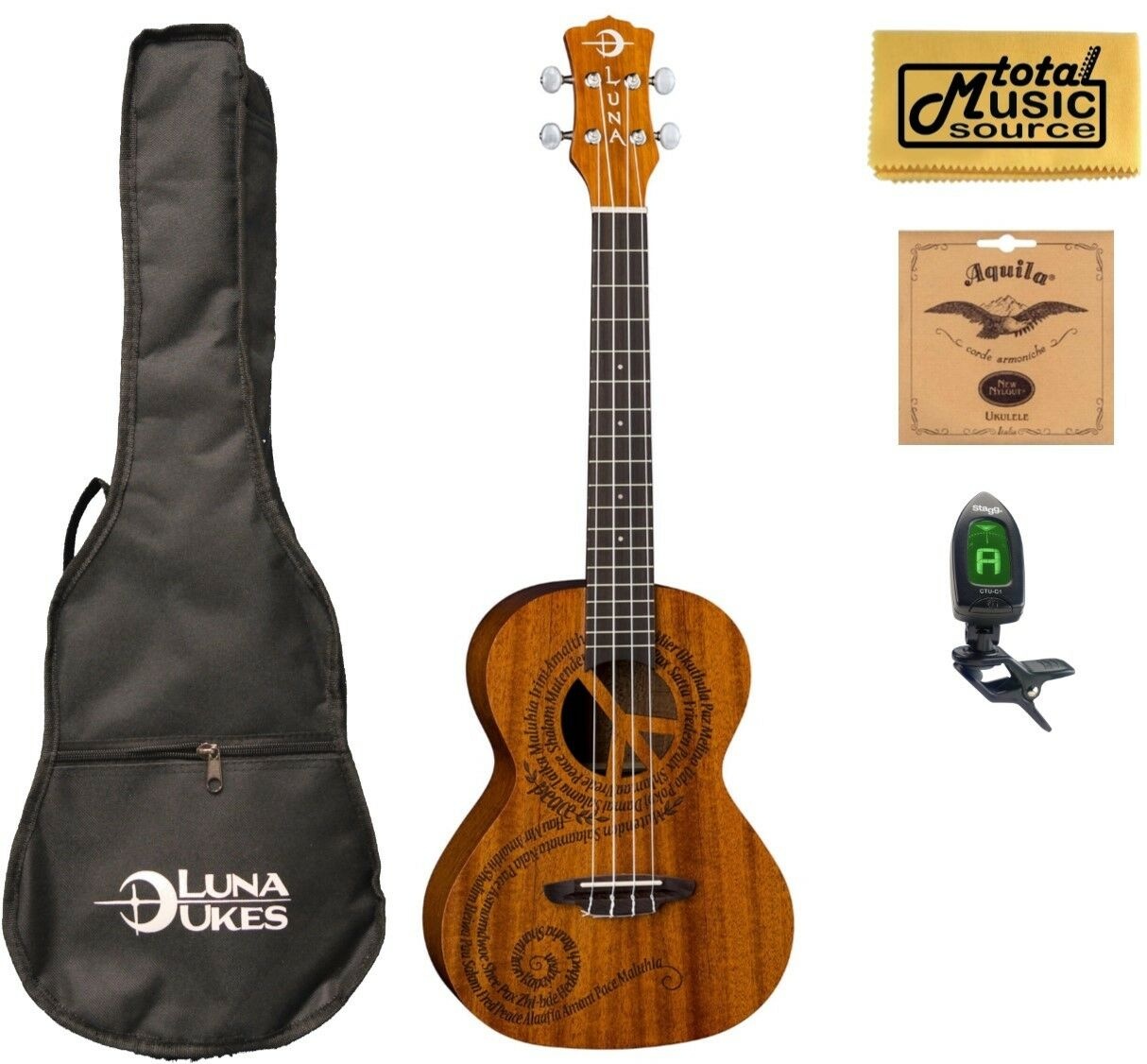 Luna UKE MALU T Uke MALUHIA Peace Tenor Ukulele Bundle