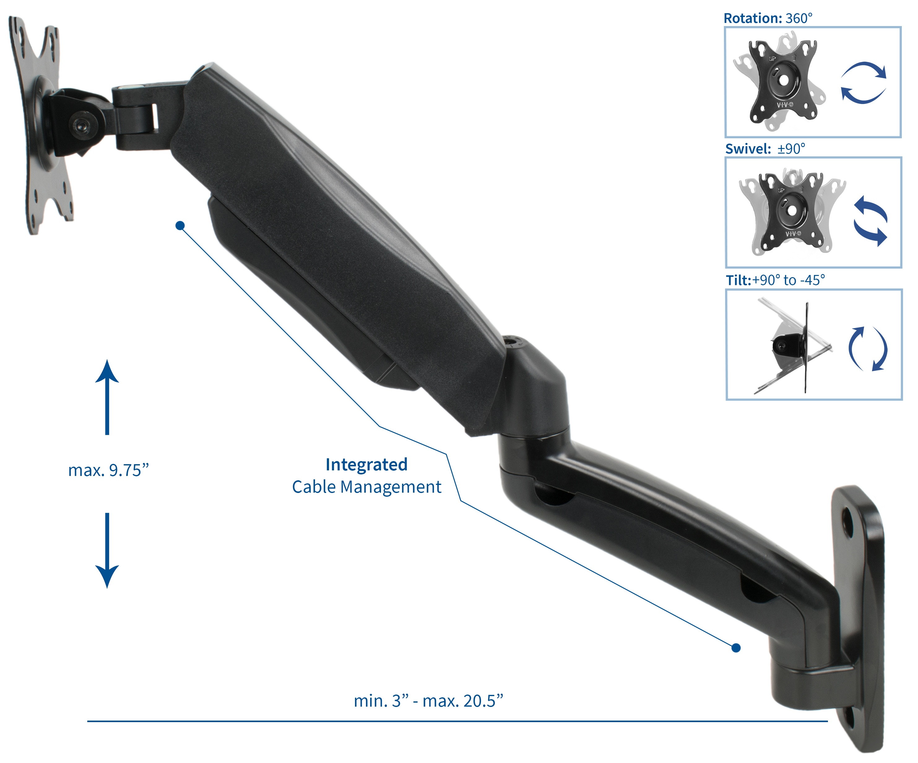 VIVO Black Gas Spring Extended Arm Full Motion Articulating Monitor Wall Mount for 17" to 27" Screens (MOUNT-V001G)