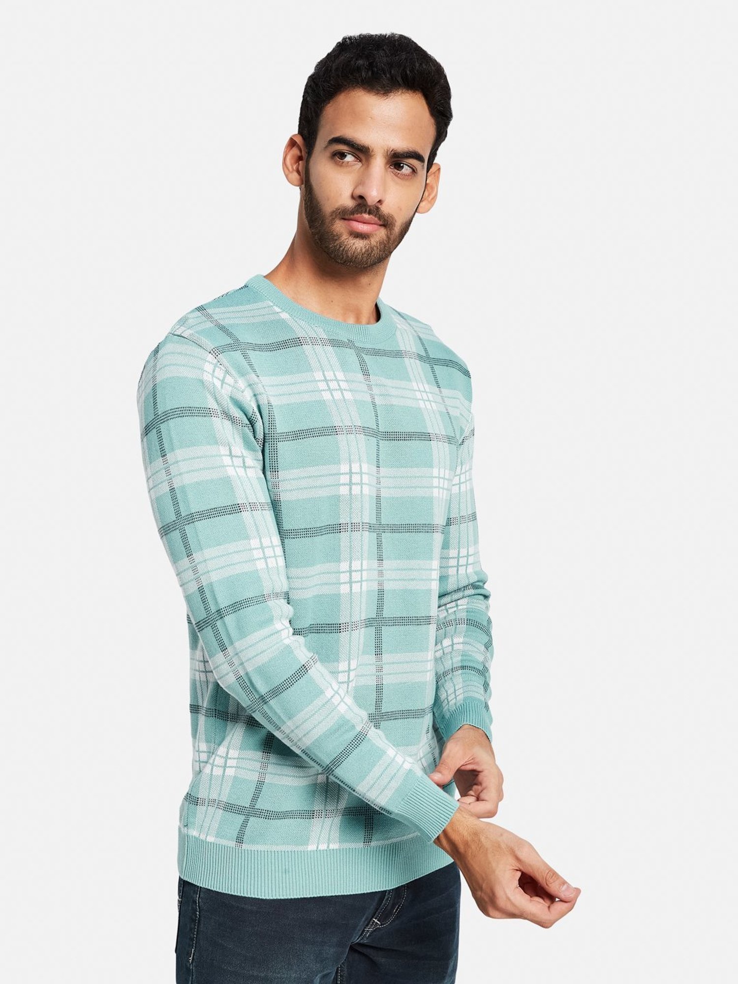 METTLE Light Teal Cotton Regular Fit Checks Sweater