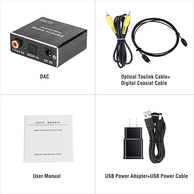 Digital-to-Analog Audio Converter 192Khz,  DAC Digital Coaxial and Optical (Toslink) to Analog 3.5mm AUX and RCA (L/R) Stereo Audio Adapter with Fiber and Coax Cable