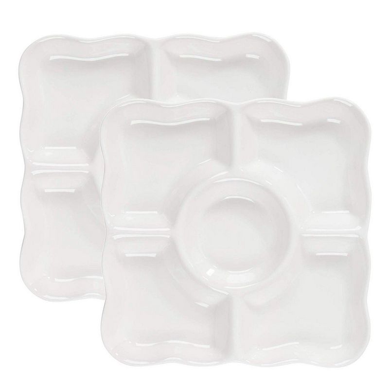 Juvale 2 Pack Porcelain Appetizer Serving Tray, 5-Compartment Platter, White (9.5 x 9.5 x 1 In)