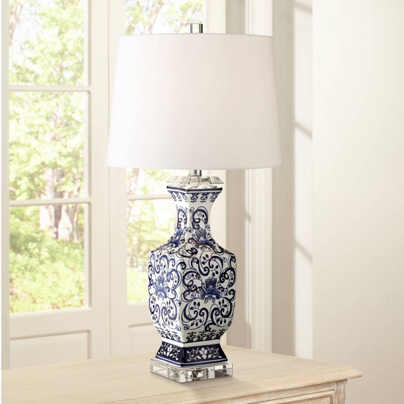 Barnes and Ivy Asian Table Lamps Set of 2 Porcelain Blue Floral Jar Geneva White Drum Shade for Living Room Family Bedroom Bedside