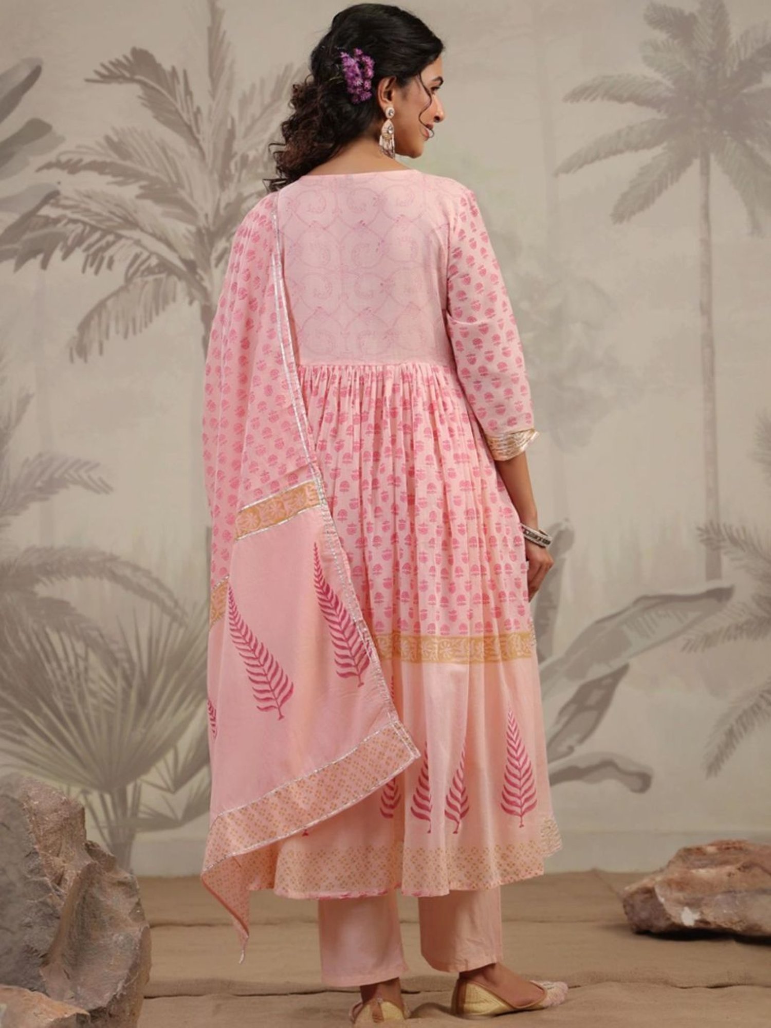 SCAKHI Peach Hand-Block Printed Handworked Anarkali Kurta and Pant With Dupatta