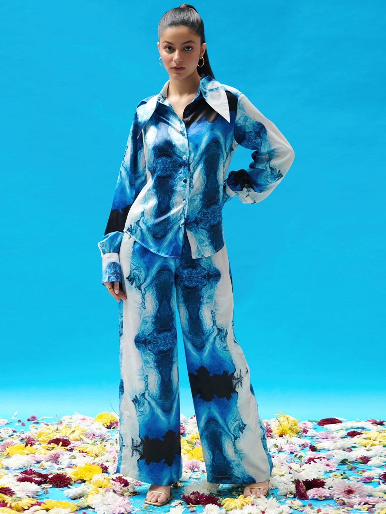 Cin Cin Blue Wave Printed Satin Shirt