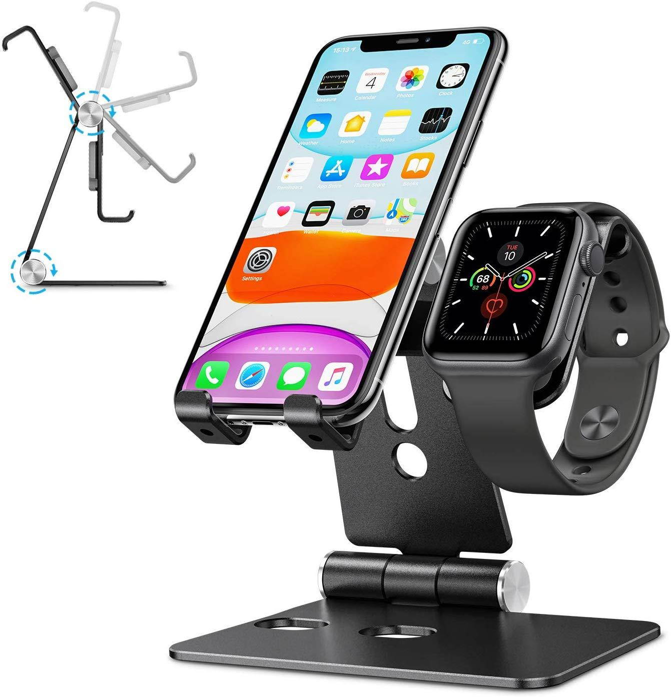 Cell Phone Stand for Apple Watch - OMOTON 2 in 1 Aluminum Foldable Charging Dock Stand for Apple Watch 5/4/3/2/1 and iPhone 11/11 Pro/11 Pro Max/XR/Xs/Xs Max (Black)