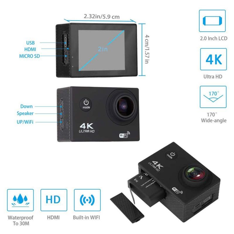 Bobora 2 inch 4K WiFi Action Camera 30M Waterproof Underwater Sports Camera Ultra HD 16MP Video Record Camcorder 170 Degree Wide Angle Cycling Camera with Remote