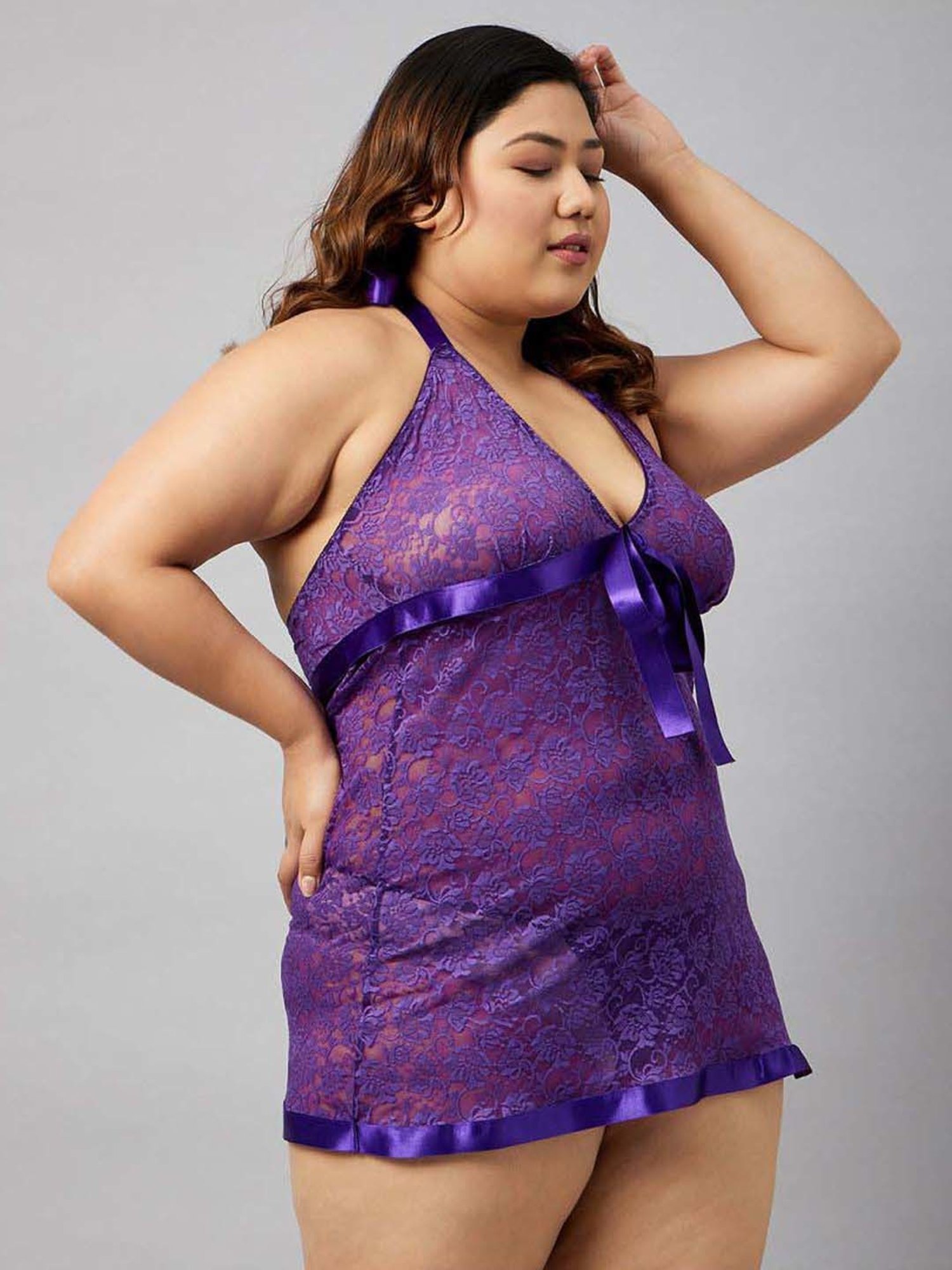 Secrets By ZeroKaata Purple & Navy Lace Work Babydoll with Panty - Pack Of 2