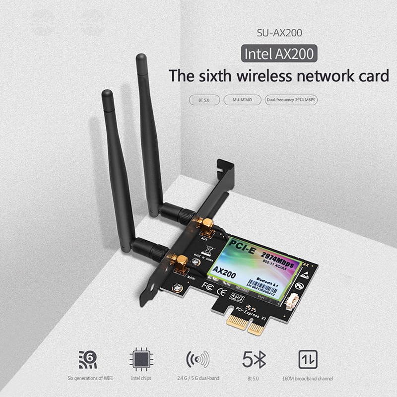 Wireless Dual Band PCI Express WiFi Adapter PCI-E Network Card 3000 Mbps WIfi 6 AX200 2.4G/5G With Antennas Desktop PC Windows 10