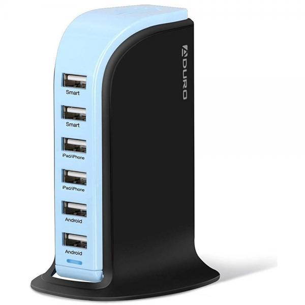 Aduro PowerUP Smart 6-Port USB Rapid Charger Charging Station for Apple iPhone X 8 7 6 6S Plus 5S iPad Pro Air Mini Samsung Galaxy S8 Plus Note 8 5 S7 Edge S6 S5 Pixel 2 (Blue)