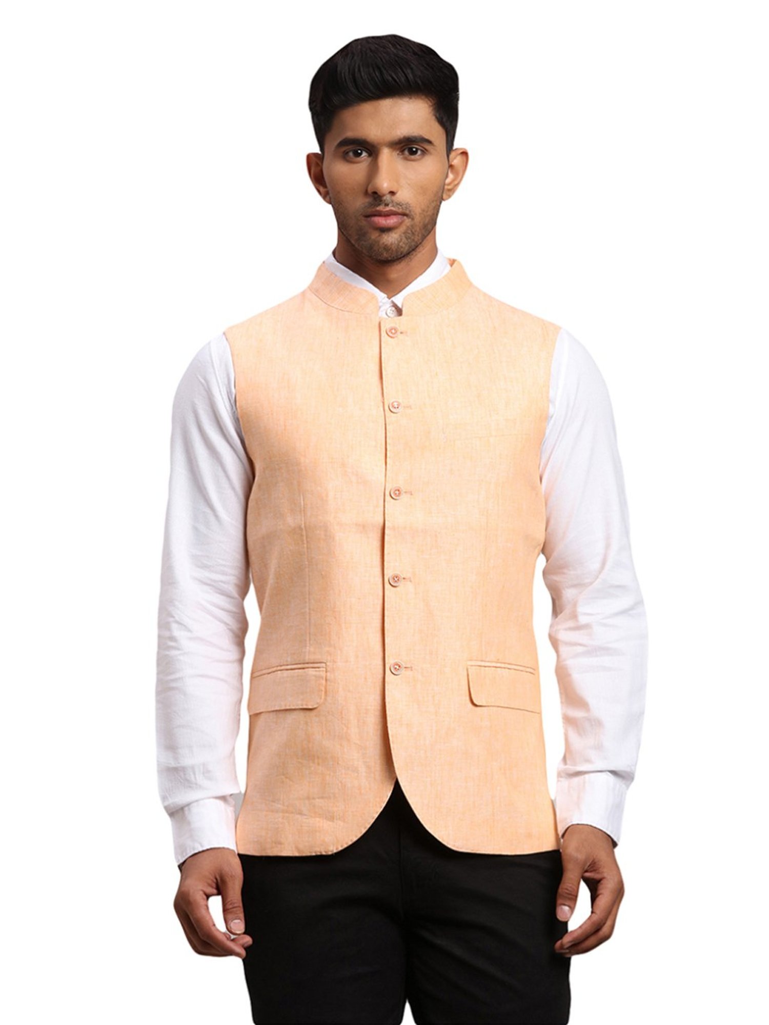 Parx Orange Linen Regular Fit Nehru Jacket