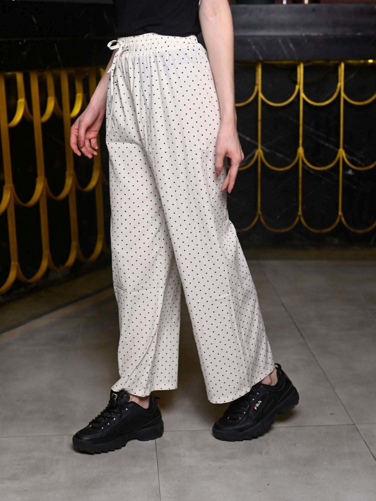Odette Off-White Cotton Printed Flared Pants