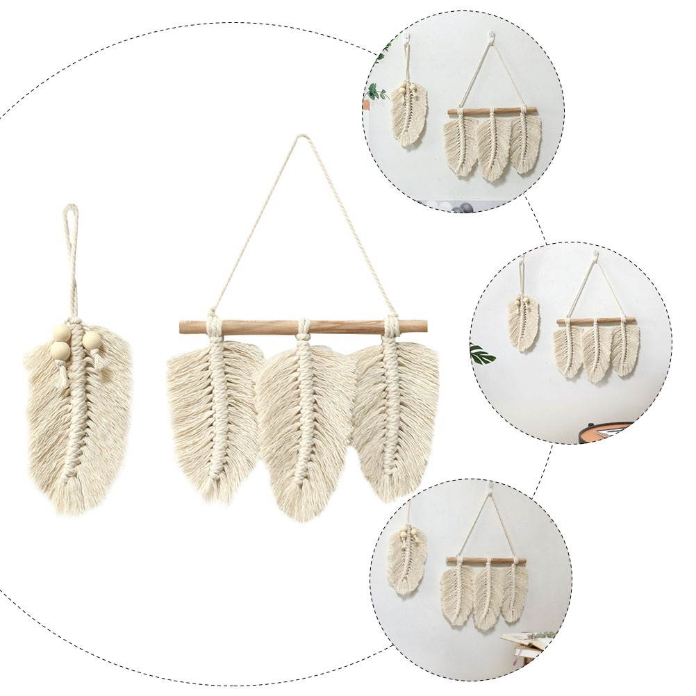 2pcs Hand-knitted Tassel Wall Tapestry Cotton Woven Hanging Tapestry (Beige)