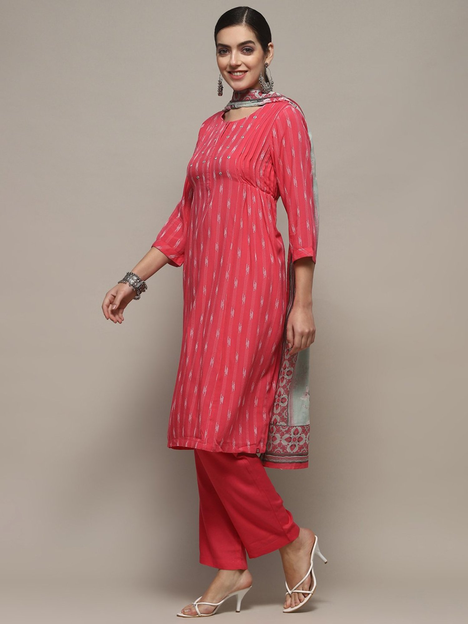 Biba Pink Woven Pattern Kurta Pant Set With Dupatta