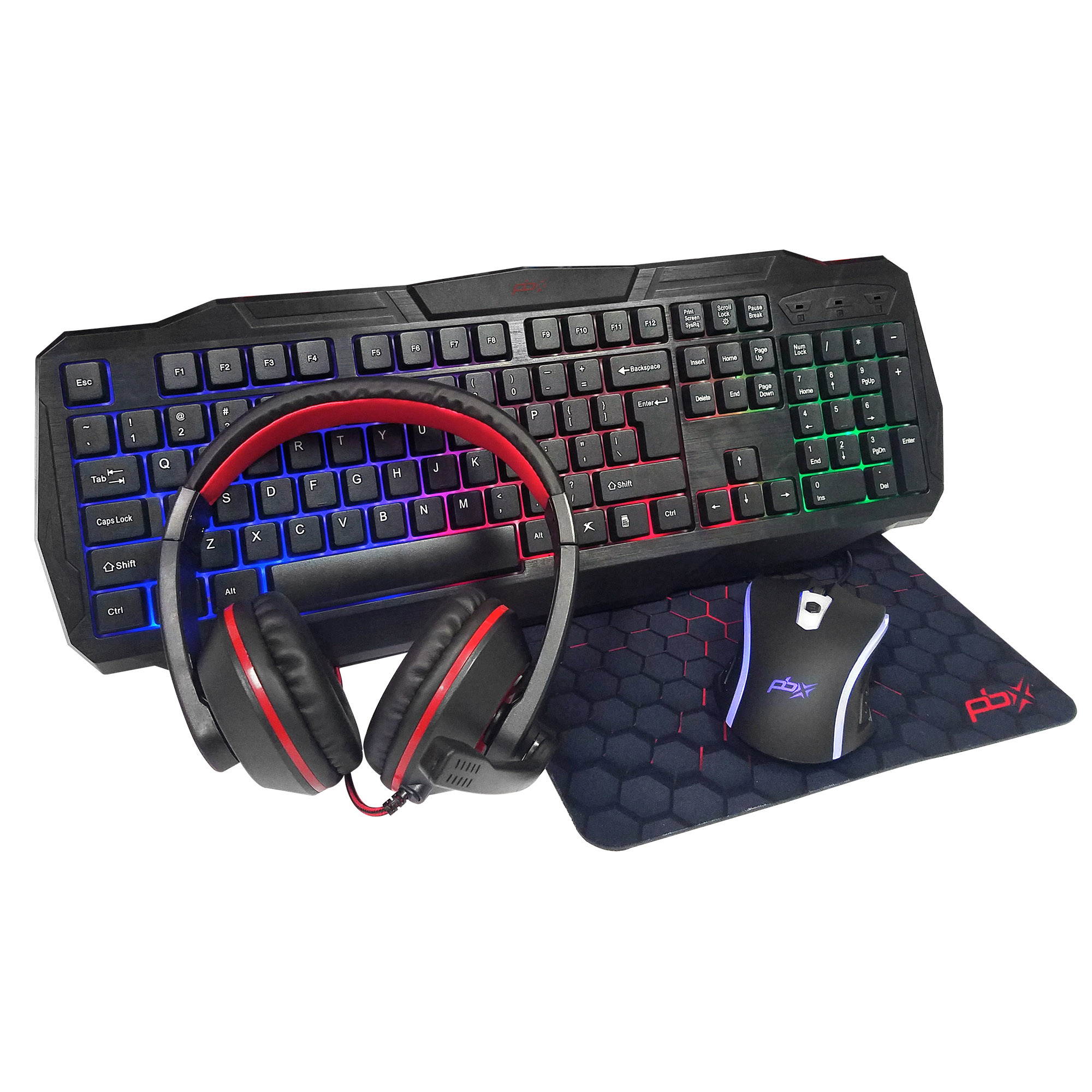 PBX 4-in-1 Pro Gaming Combo Kit &ndash; Wired Backlit Tactile Keyboard and Gaming Mouse, with Mousepad and Gaming Headset - Computer Gamers Hardware Setup and Accessories &ndash; Best Gift for Gamers