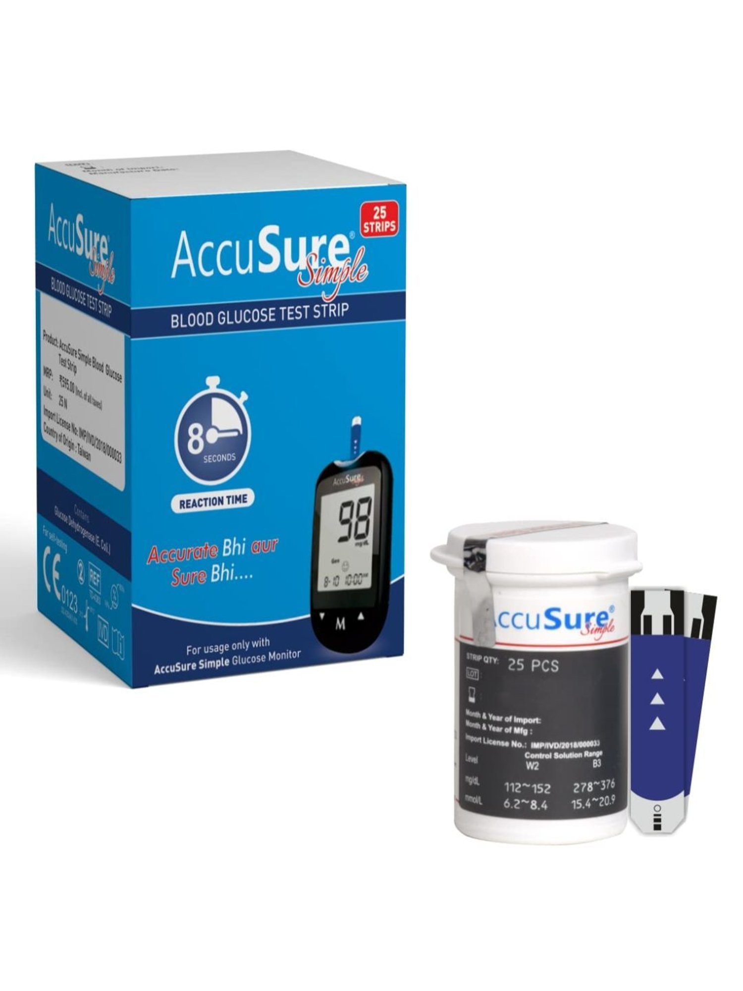 AccuSure Simple Glucometer Test Strips, Pack of 1 | 25 Glucometer Strips