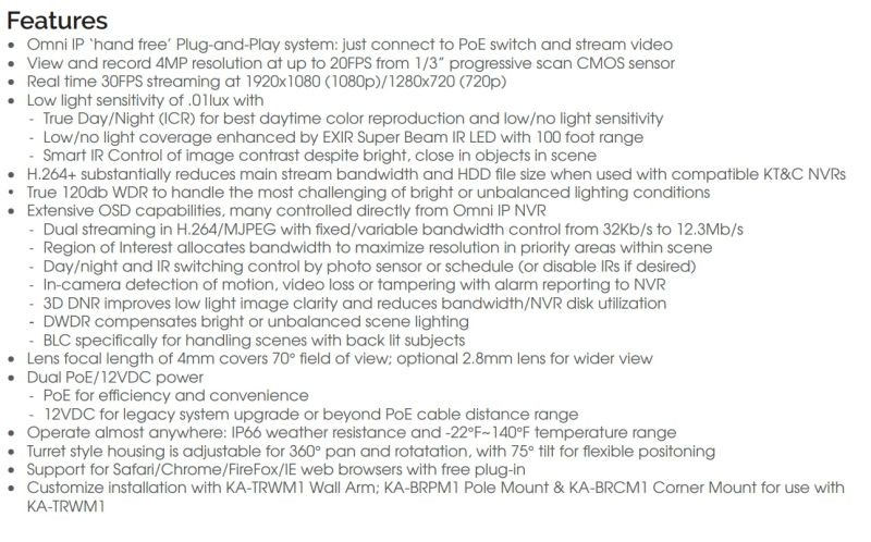 KT&C OMNI-IP 4 Megapixel Network Camera - Color