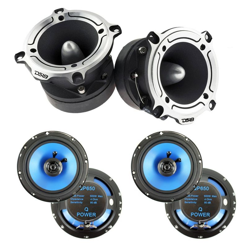 DS18 PRO TW220 1" VC 350W Super Bullet Tweeter Built In Crossover, Pair with QPower 6.5" 300W 2-Way Blue Car Audio Stereo Coaxial Speakers (2 Pairs)