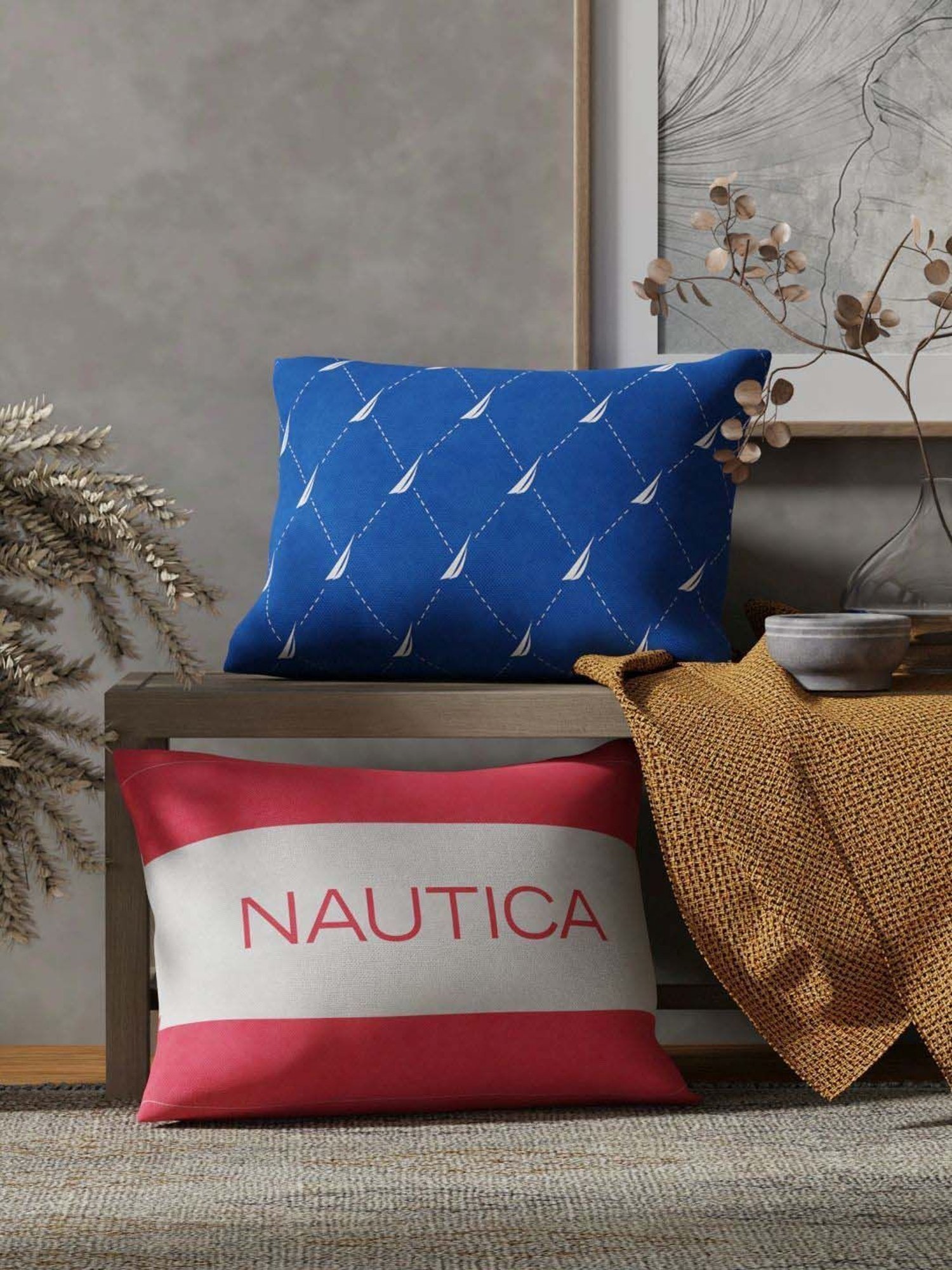 Nautica Logo Stripe Blue & Coral Microfibre 300 GSM Premium Cushion Covers - Set of 2