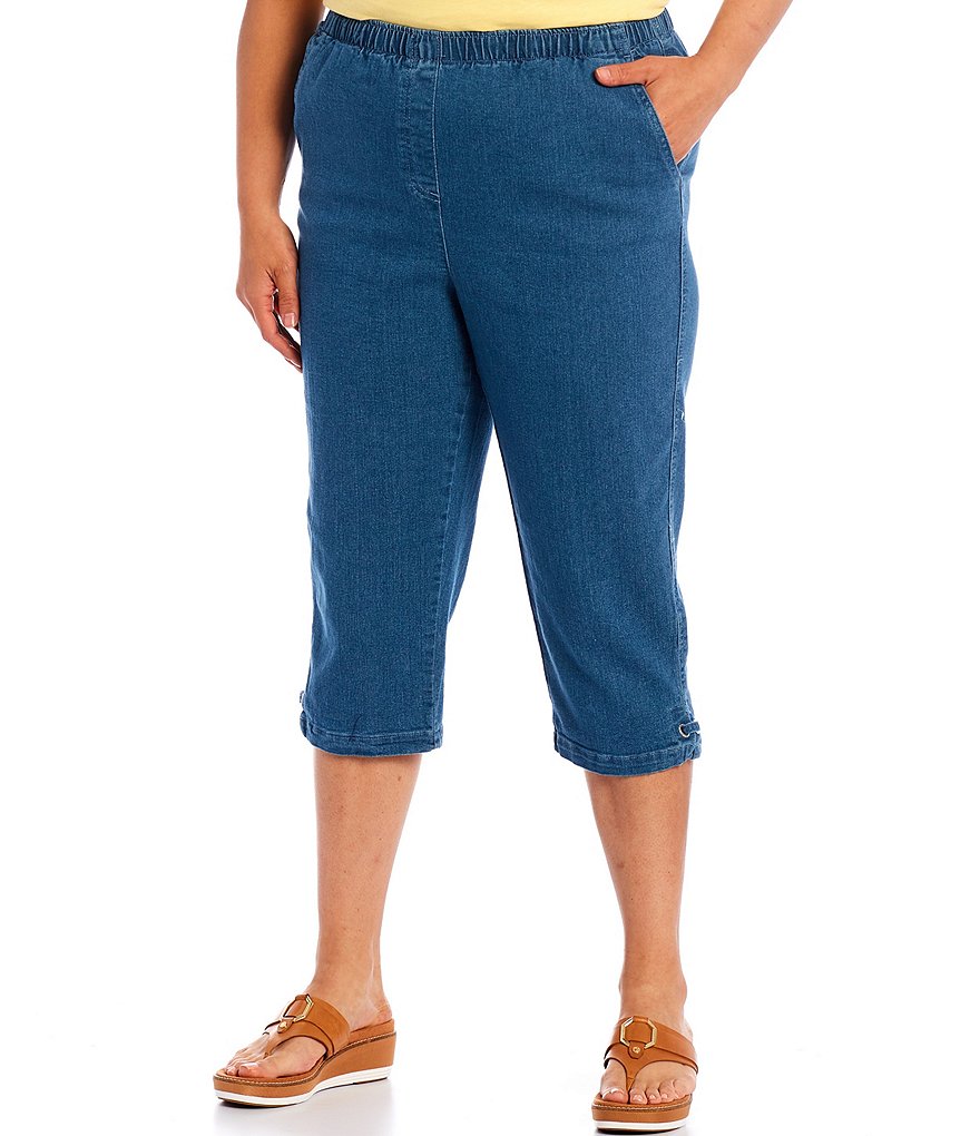 Allison Daley Plus Size Stretch Denim Silver Ring Hem Detail Pull-On Capri Pants