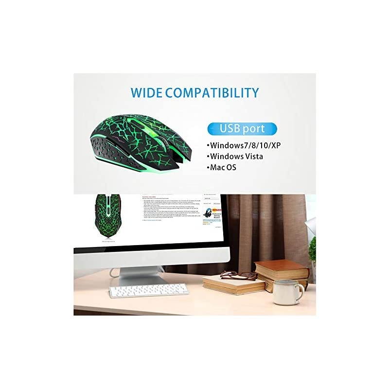K6 Wireless Gaming Mouse Rechargeable Silent LED Optical Computer Mice with USB Receiver 3 Adjustable DPI Level and 6 Buttons Auto Sleeping Compatible LaptopPCNotebook Green Light