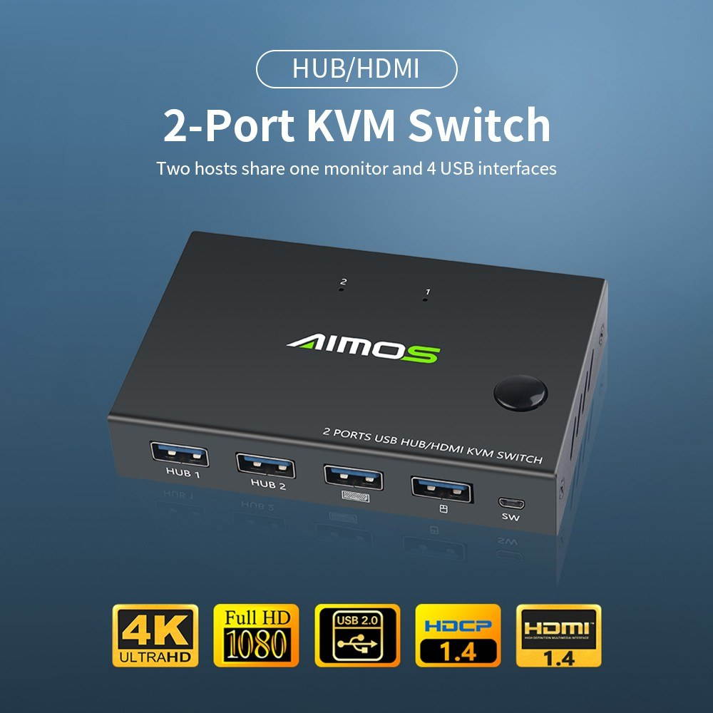 AIMOS AM-KVM201CC 2-Port HDMI KVM Switch Support 4K*2K@30Hz HDMI KVM Switcher Keyboard Mouse USB