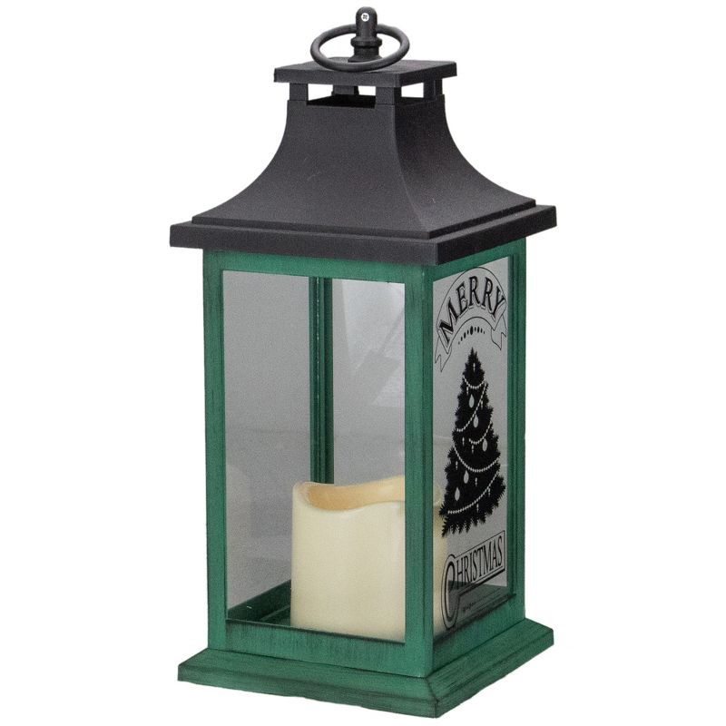 Northlight 12" Green and Black LED Candle With Christmas Tree Tabletop Lantern