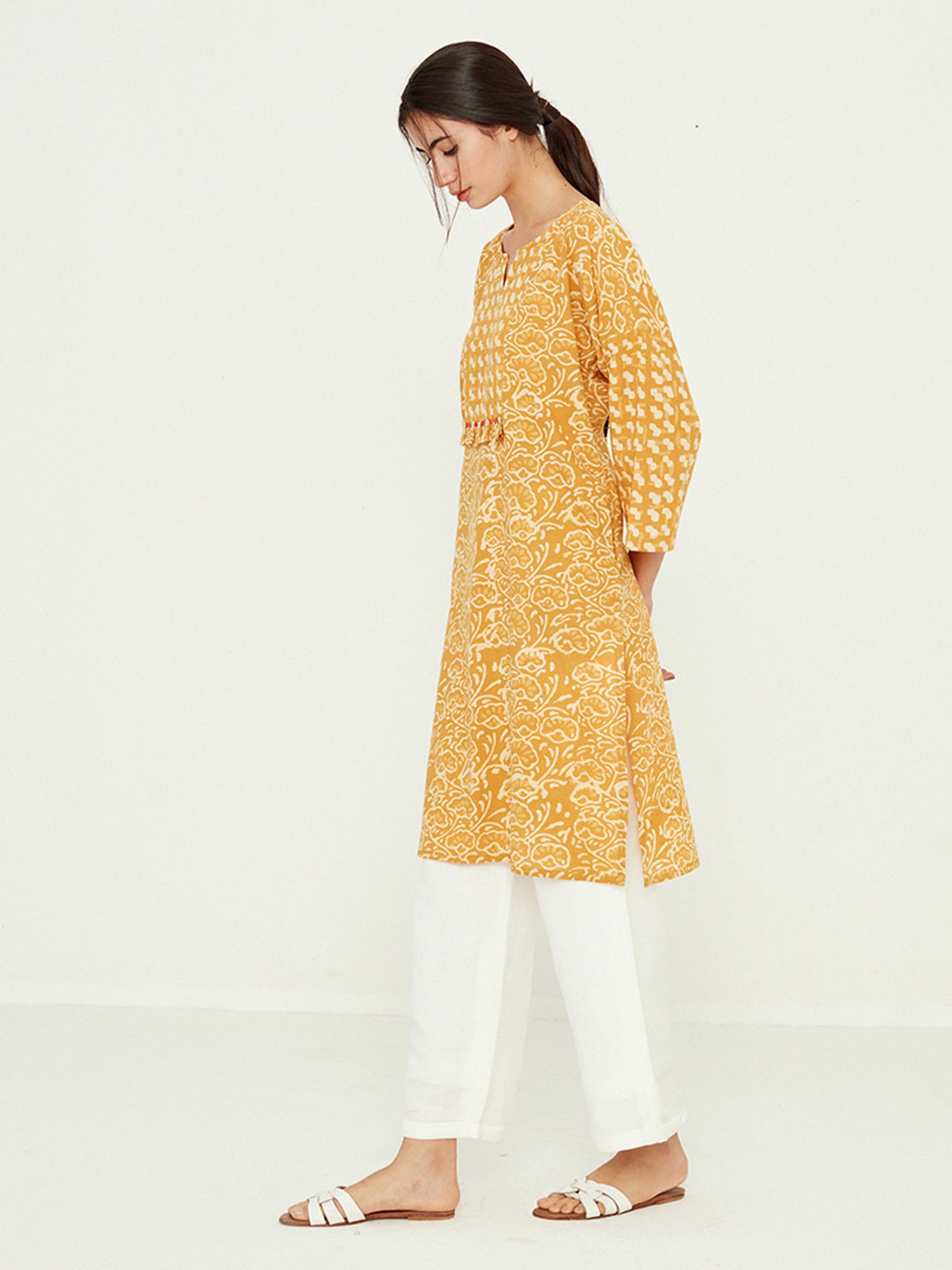 ANCESTRY Mustard Printed Straight Kurta
